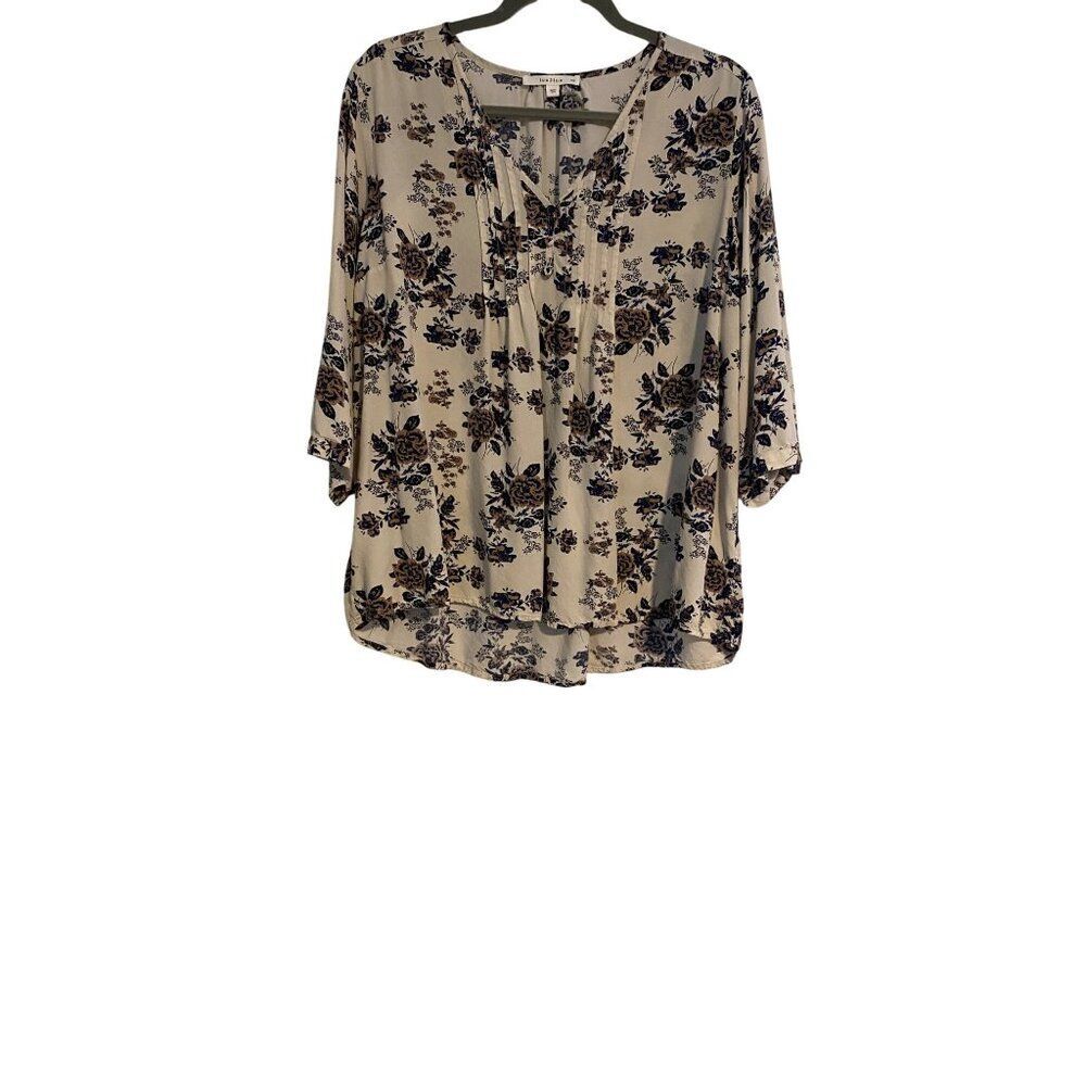 Fun2Fun Women Floral Top 1XL Blue Cream 3/4 Sleeve Lightweight Cottagecore Flowy